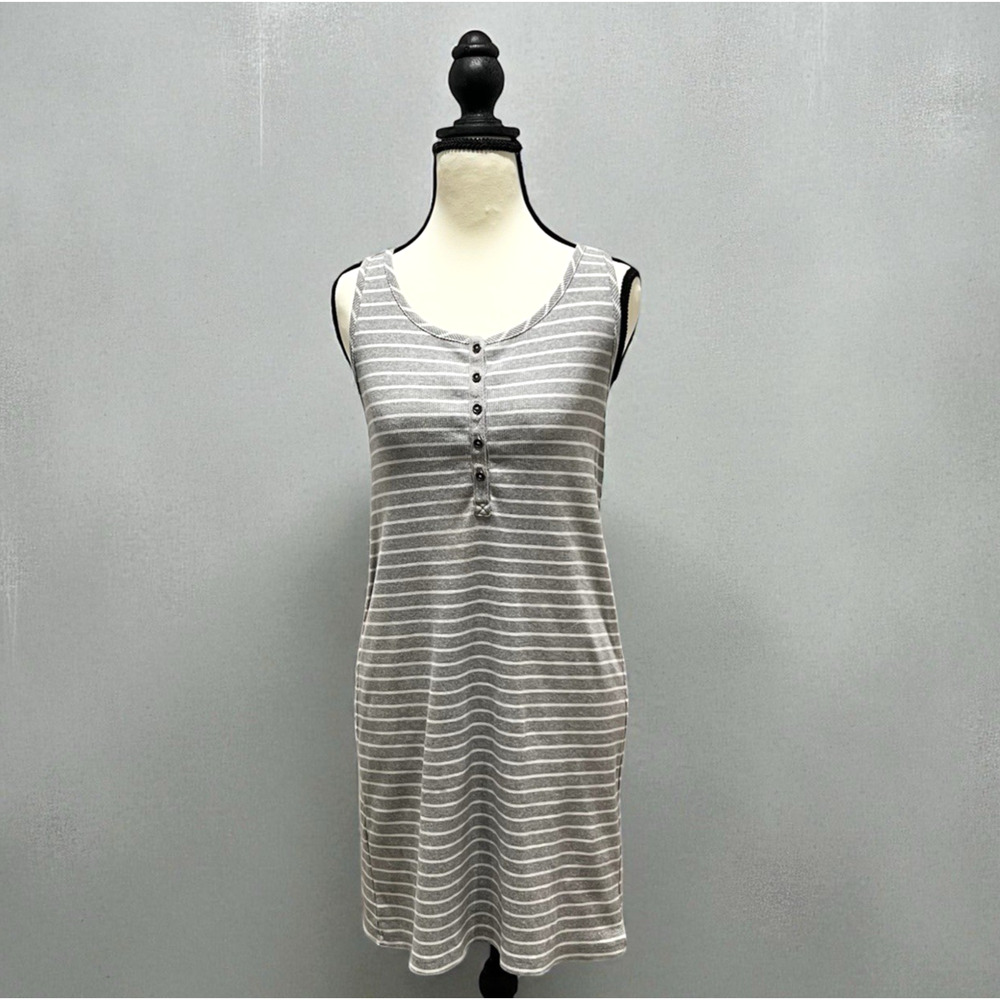 Dakini Women’s Summer Dress Striped 1/4 Button Size XS Gray White Straight